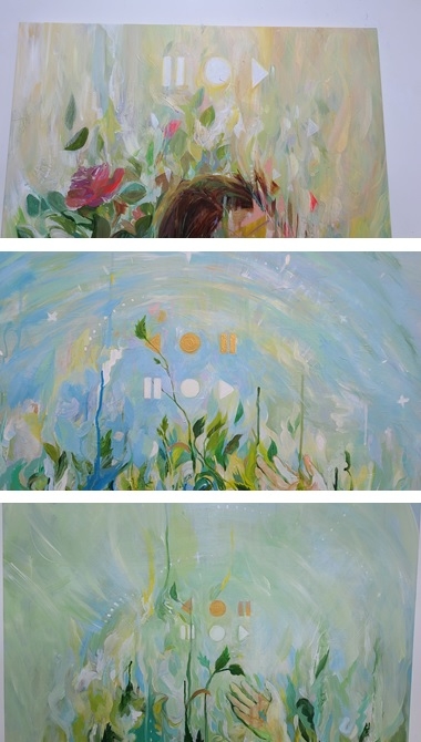 최진영 작가의 그림에는 일시정지(||), 녹음(●), 플레이(▶) 모양의 인터페이스 아이콘이 숨겨져 있다.