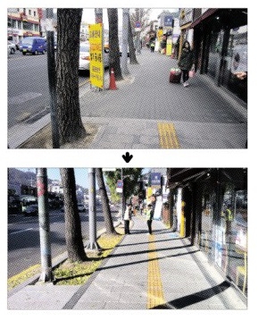 서울 종로구가 ‘친환경보도’ 조성 사업으로 자하문로를 정비한 전후 모습. 종로구 제공