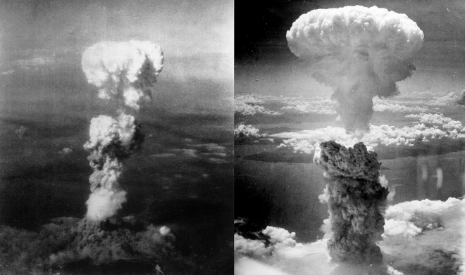 2차 세계대전 당시 일본 히로시마(왼쪽)와 나가사키 원폭 투하로 형성된 버섯 구름.  위키피디아