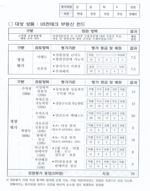 2017년 11월 회의에서 ‘US핀테크부동산 담보대출채권 펀드’를 평가한 문서.