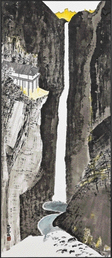 담대하고 섬세한 붓질로 수직의 긴장감을 표현한 수묵 풍경화 ‘구룡폭포’. 가나아트 제공