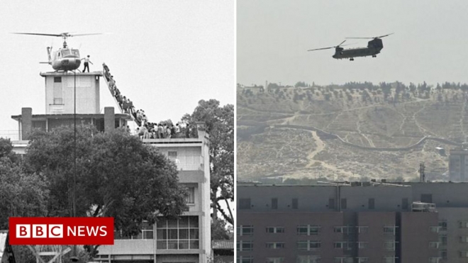 왼쪽이 1975년 4월 남베트남 수도 사이공(지금의 호찌민) 주재 미국 대사관 지붕 위에서 헬리콥터에 타려고 줄을 지어선 이들.오른쪽이 2021년 8월 중순 아프가니스탄 수도 카불 주재 미국 대사관 상공을 선회하는 헬리콥터 모습. 영국 BBC 홈페이지 캡처