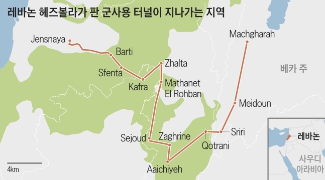 레바논 헤즈볼라가 북한의 도움으로 판 45km 길이의 군사용 터널이 지나가는 지역. 알마 연구·교육센터 홈페이지 캡처