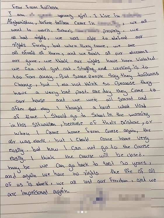 안젤리나 졸리가 공개한 아프간 10대 소녀의 편지. 출처:인스타그램