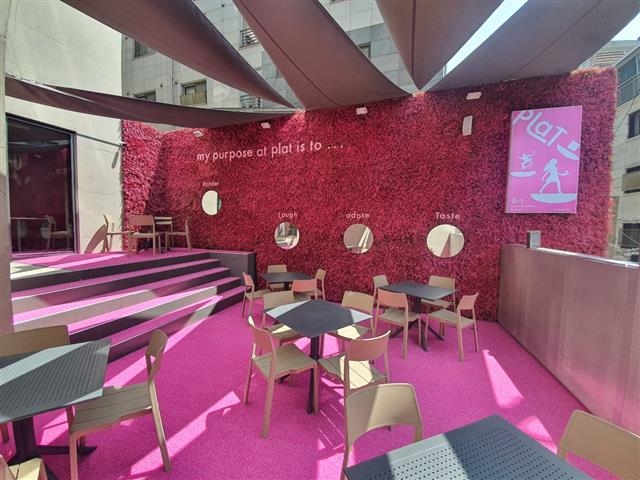 강한 분홍색으로 장식한 카페에는 상업성과 예술성을 따로 보지 않는 디자인 철학도 녹아 있다. 바닥과 벽이 모두 핑크인 핑크 가든은 젊은 디자이너 김명천이 설계했다.   김개천 교수 제공 