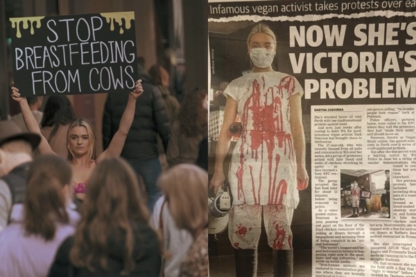 동물권운동을 하는 여성의 모습. 오른쪽은 KFC에서 가짜 피를 묻히고 시위해 현지 언론에 보도된 사진. 인스타그램