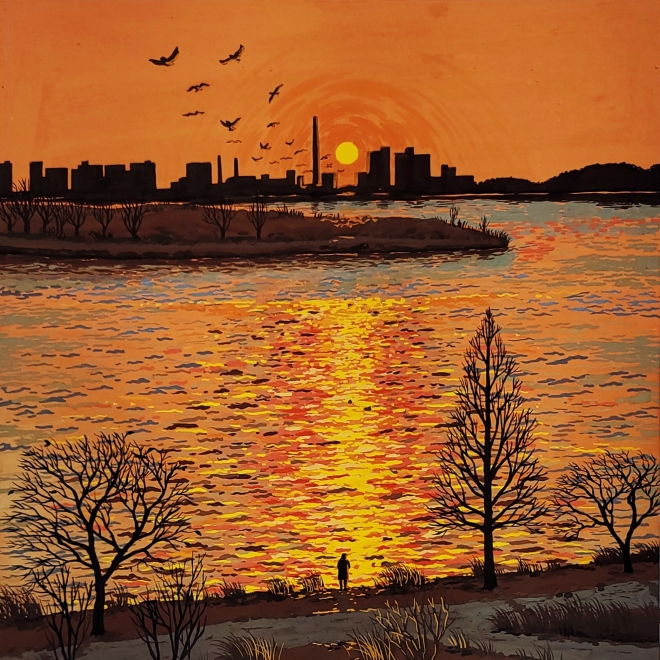 조은혜, 저물어가는 해를 바라보며, 30x30cm, 장지에 채색, 2021