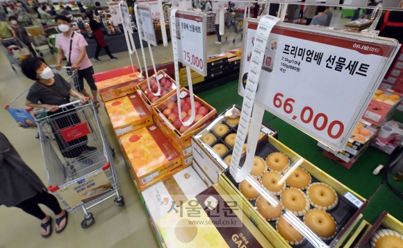 추석을 앞두고 과일, 축산물 등 차례상을 차리는데 필요한 제수물품 가격이 급상승하고 있는 가운데 5일 서울 양재동 하나로마트에서 시민들이 장을 보고 있다. 정연호 기자 tpgod@seoul.co.kr