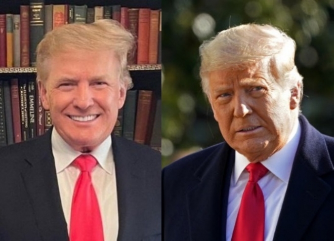 트럼프 주니어가 아버지의 최근 모습이라며 올린 사진(왼쪽)과 대통령 재임 시절 트럼프 모습. 트럼프 주니어 인스타, AP연합뉴스
