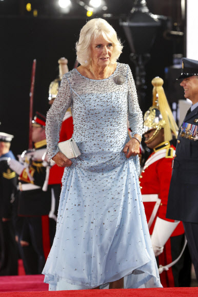 Camilla, the Duchess of Cornwall arrives for the World premiere of the new film from the James Bond franchise ‘No Time To Die’, in London, Tuesday, Sept. 28, 2021. (Chris Jackson/Pool Photo via AP)