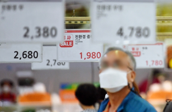 3분기 소비자물가상승률이 2.6% 상승한 가운데 6일 서울 양재동 하나로마트에서 시민들이 물건을 고르고 있다. 2021.10.6 박지환기자 popocar@seoul.co.kr
