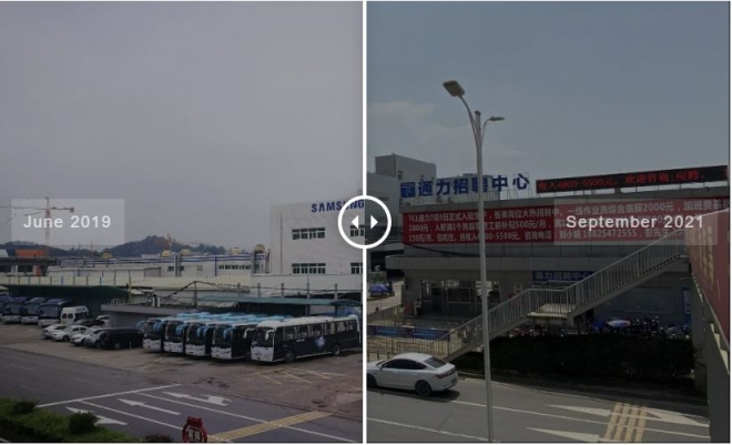 2019년 삼성전자의 통근버스로 가득했던 광둥성 후이저우시가 삼성 공장의 폐쇄 이후 활기를 되찾고 있다. 출처:SCMP