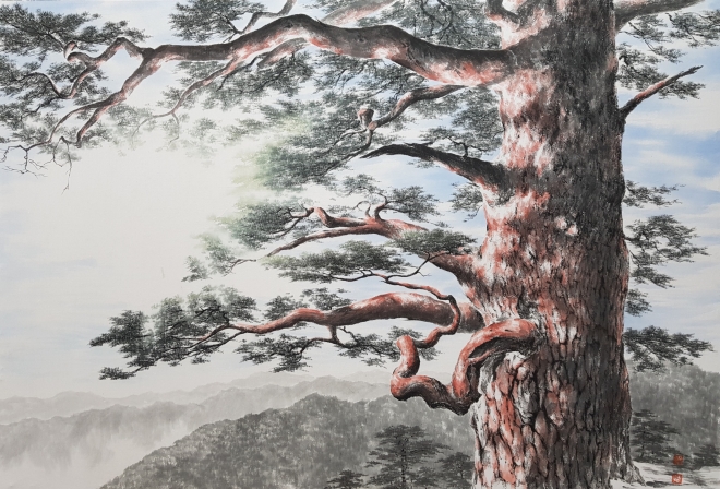 신은섭, pine tree-올려보기, 117x80cm, 순지에 수묵담채