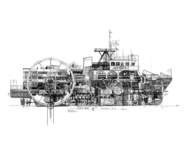 선박 도면과 상가 건물이 결합된 작품 ‘배’(2021). 갤러리조은 제공