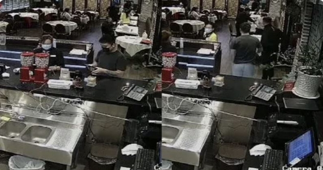 두 명의 중국 남성이 미국 캘리포니아의 한 식당에서 밥값을 내지 않은 채 떠나고 있다. 출처:세계신문망