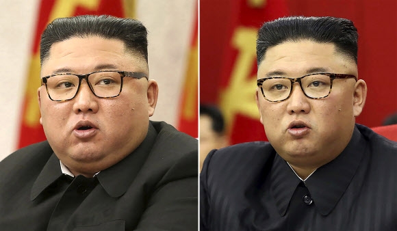 왼쪽은 김정은 북한 국무위원장의 2021년 2월 8일 모습이며, 오른쪽은 2021년 6월 15일 촬영된 사진. 국가정보원은 김 위원장이 최근 몸무게 20킬로그램을 감량했다고 분석했다. AP 연합뉴스