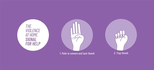 캐나다여성재단의 가정폭력 알리기 캠페인으로 나온 구조 요청 수신호. 먼저 엄지손가락만 접고 다른 손가락을 쫙 편 다음 엄지손가락을 감싸 접으면 된다. 캐나다여성재단 제공