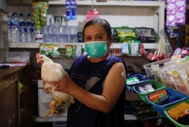인도네시아 서부자바주 치안주르의 한 마을 주민들이 신종 코로나바이러스 감염증(코로나19) 백신을 맞은 뒤 선물로 받은 생닭을 들고 있는 모습.