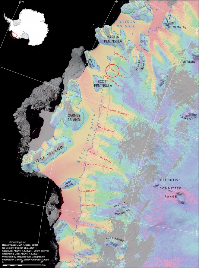 인천 빙하 위치는 붉은 원안(사진출처:영국 남극지명위원회 홈페이지)