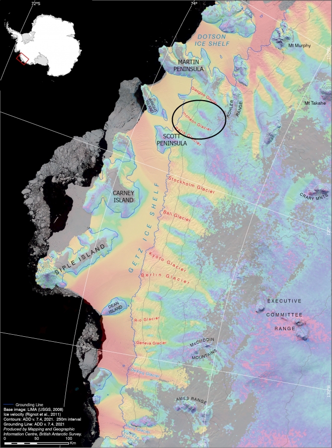서남극 빙하 위성사진에 표시된 마틴 반도와 스콧 반도 사이 두 번째 빙하에 ‘인천 빙하’라는 이름이 붙었다.  영국 남극지명위원회 제공