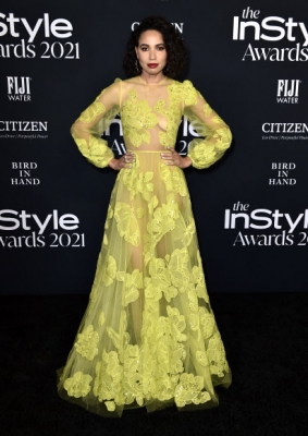 Jurnee Smollett arrives at the 2021 InStyle Awards at The Getty Center on Monday, Nov. 15, 2021,  in Los Angeles. (Photo by Jordan Strauss/Invision/AP)