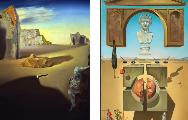 (좌) 지는 밤의 그림자 Shades of Night Descending, 1931 (우) 네로의 코 주위의 탈물질화 Dematerialization Near the Nose of Nero, 1947