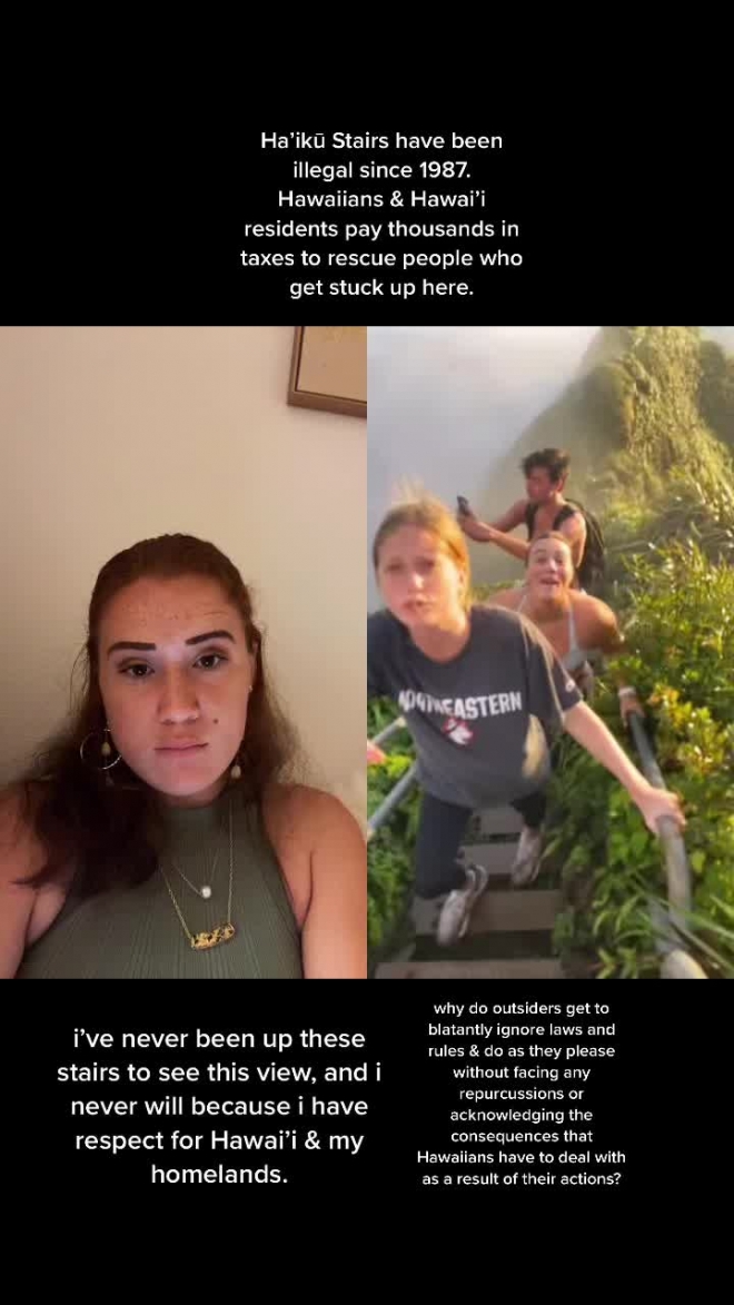 하와이 틱톡커 카미유 레이훌루(왼쪽)가 친구들과 함께 하이쿠 층계 트레일을 오르는 동영상을 올린 여행 블로거 소피아 맥밀란의 계정에 사진설명을 달아 무모한 짓이라고 질타했다. 틱톡 화면 캡처