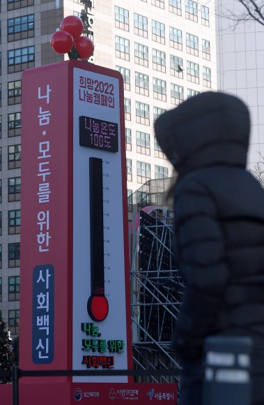 1일 서울시청 앞에 사랑의 온도탑이 설치되어 있다.  사랑의열매 사회복지공동모금회는 내년 1월 31일까지 범국민 연말연시 이웃돕기캠페인 ‘희망2022 나눔캠페인’을 전개한다. 2021.12.1 박지환기자 popocar@seoul.co.kr