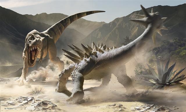 백악기 후기에 살았던 육식공룡 티라노사우루스 렉스와 초식공룡 안킬로사우루스가 싸우는 모습을 상상한 가상도. 사이언스 제공