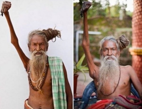 힌두교 신 시바에게 평생을 바친다며 오른팔을 45년간 들고 산 인도 남성. 트위터 캡처