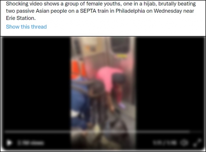 지난달 미국 펜실베이니아주 필라델피아의 한 기차 안에서 흑인 여학생들이 아시아계 여학생을 구타하는 장면(흐릿하게 수정했음). 트위터 캡쳐