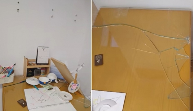 규모 4.9 지진으로 인해 벽장이 떨어지면서 책상 유리가 박살한 제주의 한 가정 피해 모습. MBC 뉴스 화면 캡처