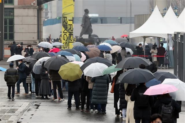 우산 들고 검사 기다리는 시민들