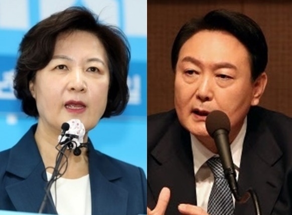 추미애(왼쪽) 전 법무부 장관, 윤석열 국민의힘 대선 후보. 연합뉴스·국회사진기자단