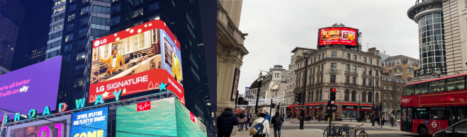 LG전자가 미국 뉴욕 타임스스퀘어(왼쪽)와 영국 런던 피카딜리 광장 전광판에서 세계적인 아티스트 존 레전드가 등장하는 ‘You Deserve It All’ 뮤직비디오를 상영하고 있다. LG전자 제공. 