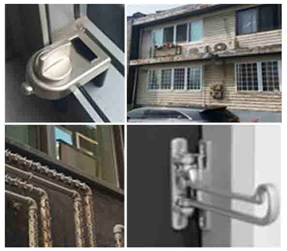 서울 구로구가 범죄 취약 지역 주민들을 대상으로 지원하는 방범 시설물 4종. 왼쪽부터 시계 방향으로 창문 잠금 장치, 방범창, 현관문 이중 잠금 장치, 가스 배관 보호 덮개. 구로구 제공 