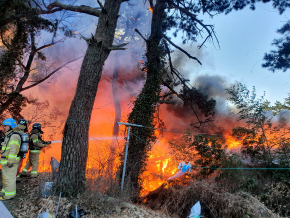 30일 부산 금정구 두구동 한 목재소에서 화재가 발생, 소방대원들이 인근 산으로 불길이 번지지 않도록 방화선을 구축한 채 진화작업을 하고 있다. 2021.12.30   부산소방본부 제공