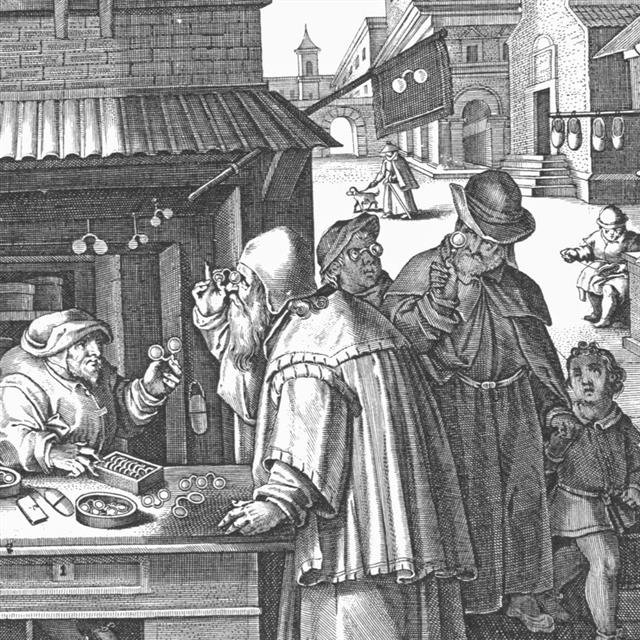 이탈리아 화가 스트라다노가 그린 풍속화. 유럽에선 15세기부터 안경 제작 기술이 발달하면서 거리에서도 누구나 안경을 쉽게 써보고 살 수 있었다는 걸 확인할 수 있다.  위즈덤 하우스 제공