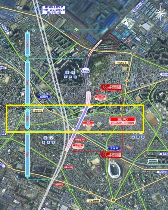 노란 상자 부분이 숭의지하차도 공사 구간