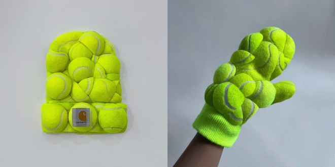 업사이클링 디자이너 니콜 맥래플린이 테니스공을 분해해 디자인한 모자와 장갑.   인스타그램 캡처(@nicolemclaughlin)