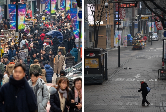 세계보건기구(WHO)가 코로나19를 처음으로 공식 확인한지 2년이 되는 날인 9일 오전 서울 명동이 썰렁한 모습을 보이고 있다.(오른쪽 사진) 왼쪽 사진은 2년전 코로나19가 한국에 상륙하기전인 2020년 1월 1일 같은장소에서 바라본 명동이 인파로 북적이는 모습. 2022.1.9. 오장환 기자. 뉴스1