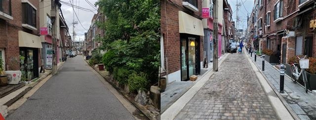 서울 마포구 망원1동 월드컵로19길이 도시 재생 사업을 통해 보행자 중심의 길로 재탄생했다. 사진은 개선 사업을 하기 전후의 모습. 마포구 제공