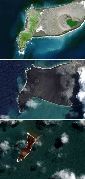 미국 위성업체 맥사 테크놀로지가 18일 공개한 위성사진은 남태평양 통가 인근 ‘흥가 통가·흥가 하파이’ 해저 화산 폭발 전후의 변화를 극명하게 보여 준다. 지난해 4월 10일 촬영된 사진(위)에는 화산 왼쪽에 하파이섬의 모습이 뚜렷하게 보이지만, 지난 6일 해저 화산이 화산재와 연기를 내뿜는 상황이 관측됐다(가운데). 화산 폭발 사흘 후인 18일 촬영된 사진에서는 섬의 면적 대부분이 파도에 침식돼 사라졌다(아래). 이날 통가 정부는 화산 폭발 이후 처음으로 공식 집계를 통해 3명이 사망하고 수 명이 부상을 입었으며 망고섬과 포노이푸아섬 등 일부 부속 섬들의 주택 대부분이 파괴되는 등의 피해를 당했다고 밝혔다. 맥사 테크놀로지 AFP 연합뉴스