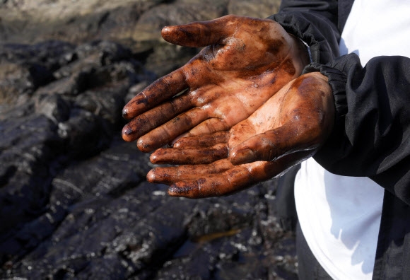 통가의 해저화산 폭발로 인한 높은 파도로 기름이 유출된 페루의 벤타니야 카베로 해변에서 한 시민이 기름으로 뒤덮인 손을 보여주고 있다.  2022.1.19 AP 연합뉴스