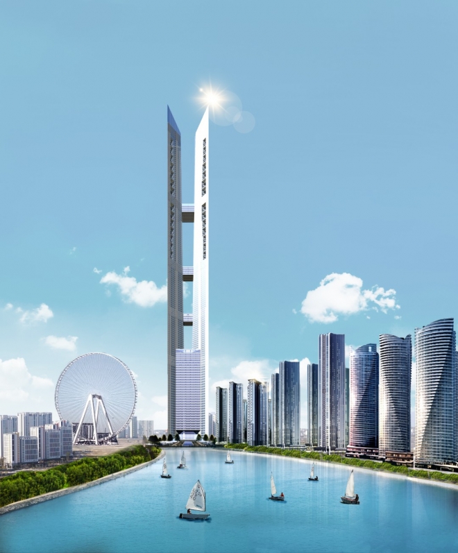 인천시와 시 산하 공기업인 인천경제자유구역청이 2007년 추진했던 151층 짜리 인천타워 조감도. 2008년 금융위기로 부동산경기가 침체하면서 백지화 됐다가 103층으로 낮춰 다시 건립이 추진되고 있다.