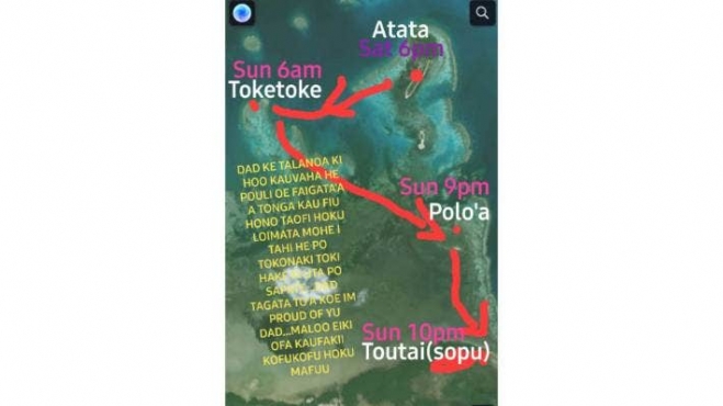 페이스북에 게재된 폴라우의 이동경로. 화산이 분화한 지난 15일(현지시간) 오후 6시쯤 출발해 2개의 무인도를 거처 통가의 수도가 있는 본섬인 통가타푸 북부 해안에 도착했다. 2022.1.20  페이스북 캡처