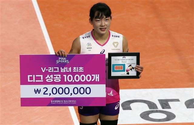 프로배구 여자부 흥국생명 김해란이 지난 15일 인천 삼산월드체육관에서 V-리그 남녀 최초로 디그 1만개를 달성한 뒤 기념 촬영을 하고 있다. 뉴스1