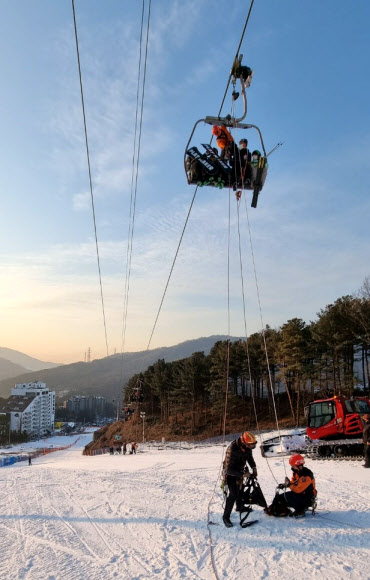 22일 오후 3시께 경기 포천시 베어스타운 스키장에서 슬로프 정상을 향해 올라가던 리프트가 갑자기 역주행하는 사고가 났다.<br>사진은 현장에 출동한 소방대원들이 리프트에 탄 탑승객을 구조하는 모습. 2022.1.22 <br>소방청 제공