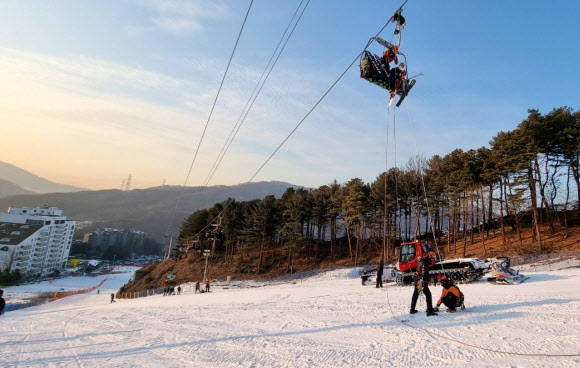 22일 오후 3시께 경기 포천시 베어스타운 스키장에서 슬로프 정상을 향해 올라가던 리프트가 갑자기 역주행하는 사고가 났다.<br>사진은 현장에 출동한 소방대원들이 리프트에 탄 탑승객을 구조하는 모습. 2022.1.22 <br>소방청 제공