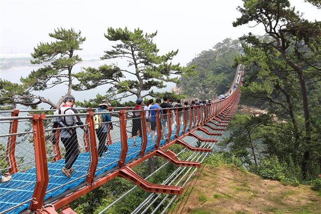 관광객들이 바다를 가로지르는 울산 동구 대왕암공원 출렁다리를 건너고 있다. 울산시 제공